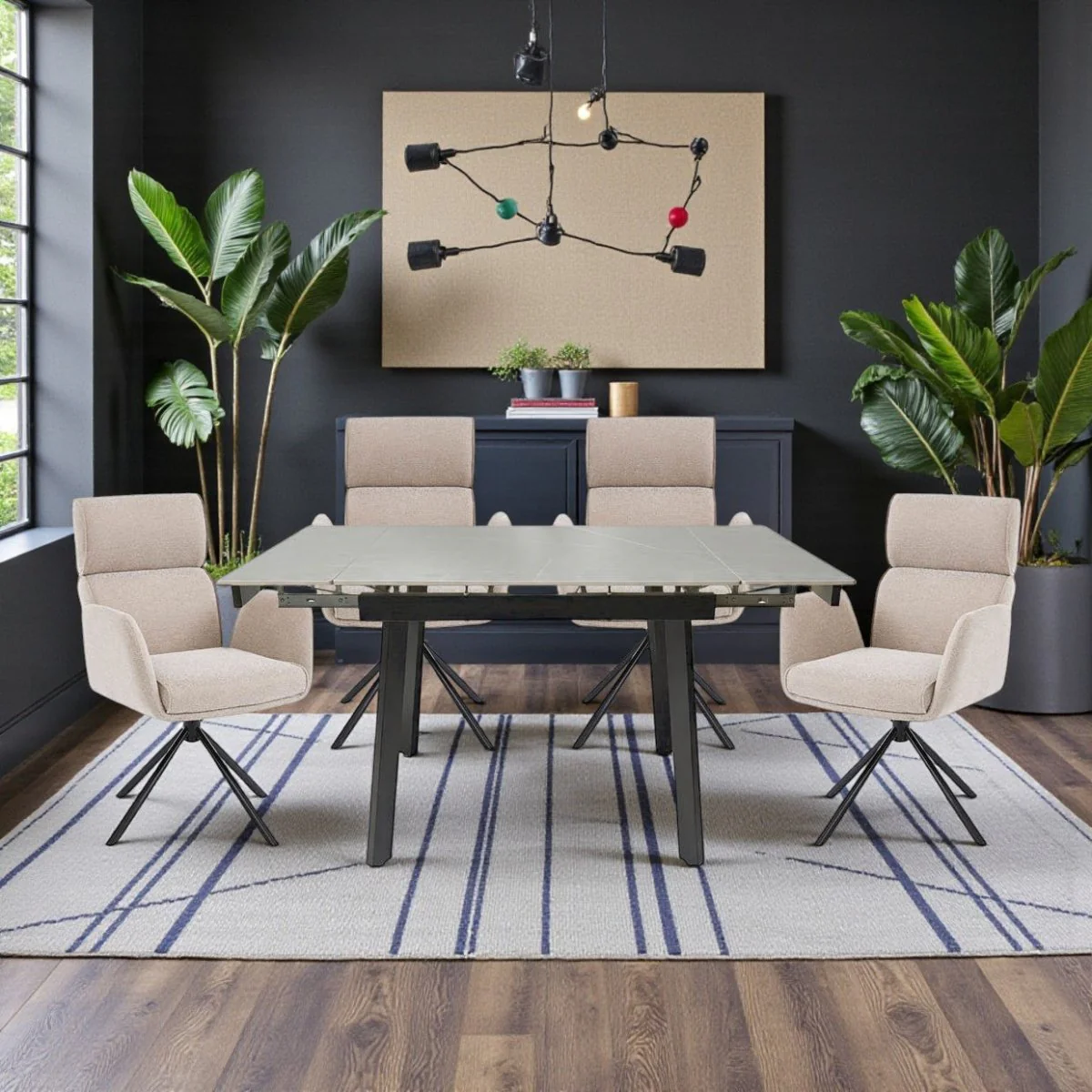 0.8m Grey Square Extending Ceramic Table & 4 x Biscuit High Back Swivel Chair Set