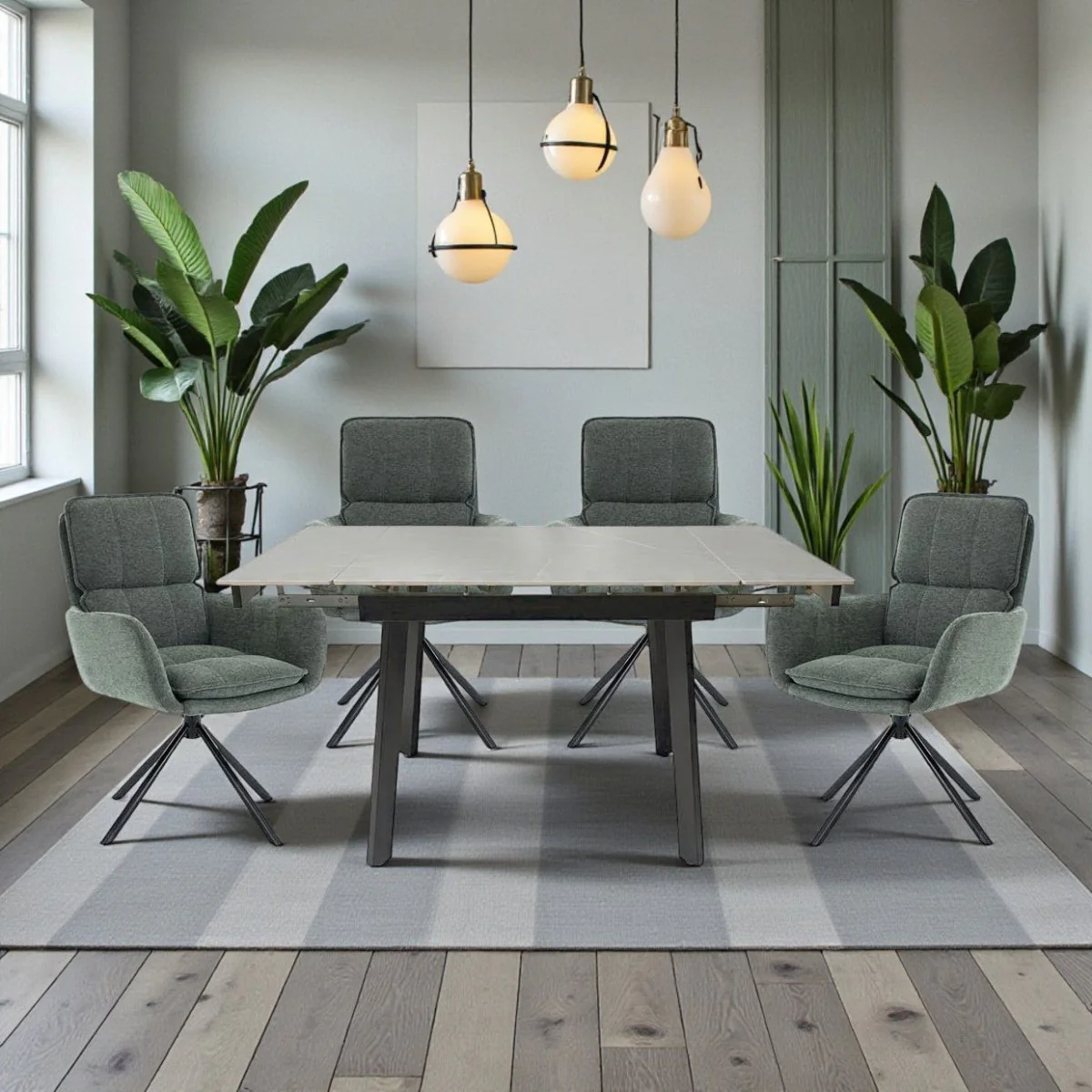 0.8m Grey Square Extending Ceramic Table & 4 x Forest Green Luxe Panel Stitch Swivel Chair Set