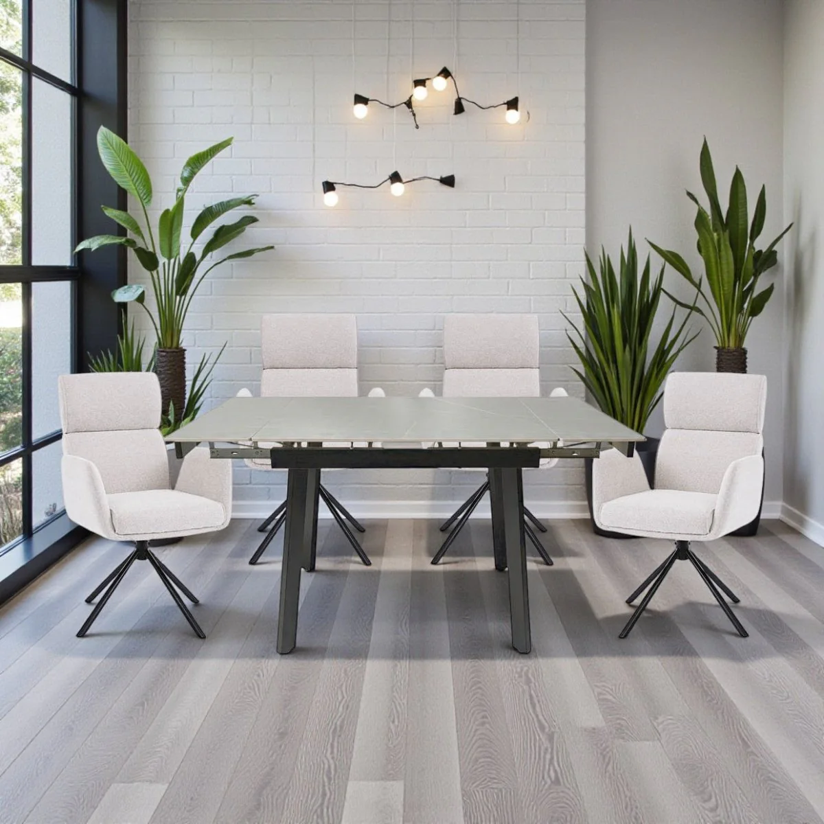 0.8m Grey Square Extending Ceramic Table & 4 x Grey High Back Swivel Chair Set