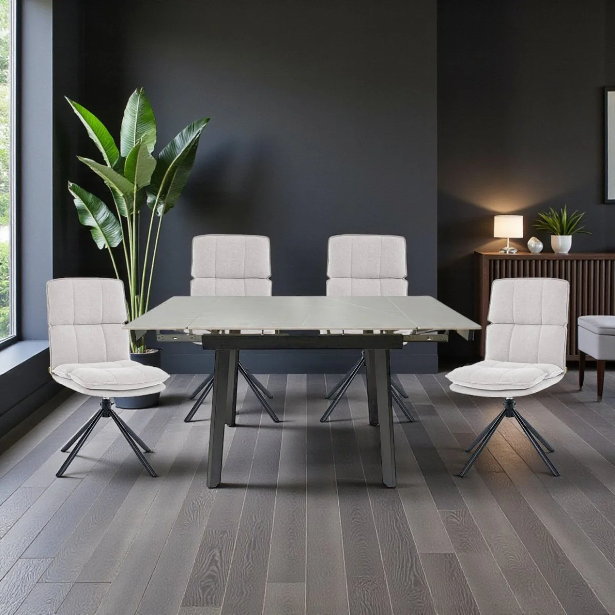 0.8m Grey Square Extending Ceramic Table & 4 x Grey Luxe Panel Stitch Swivel Chair Set