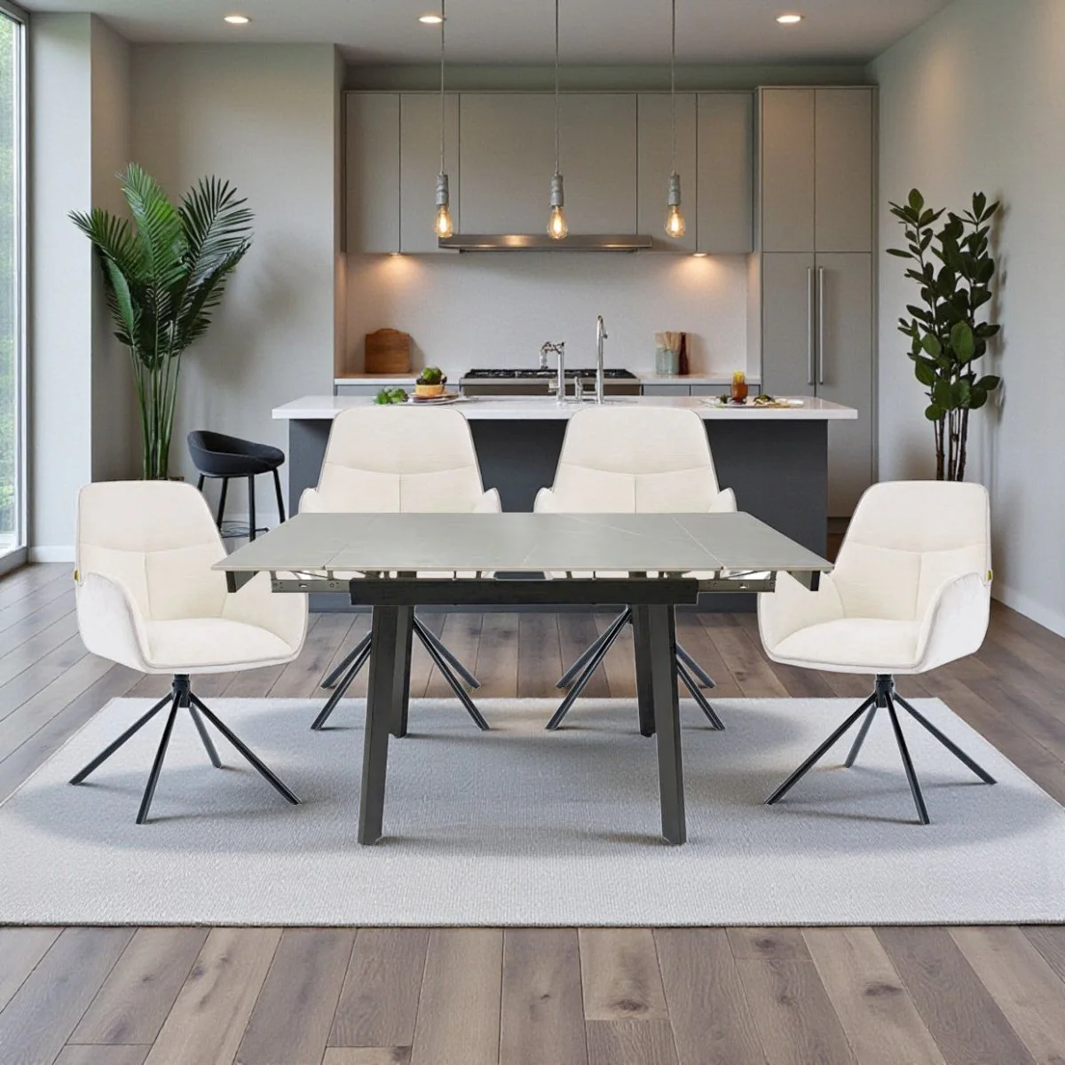 0.8m Grey Square Extending Ceramic Table & 4 x Grey Luxe T Stitch Swivel Chair Set